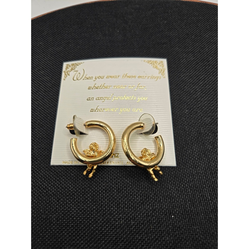 Ganz Gold Tone Cherub Angel Hoop Earrings Vintage Style Sentiment Card EN1571